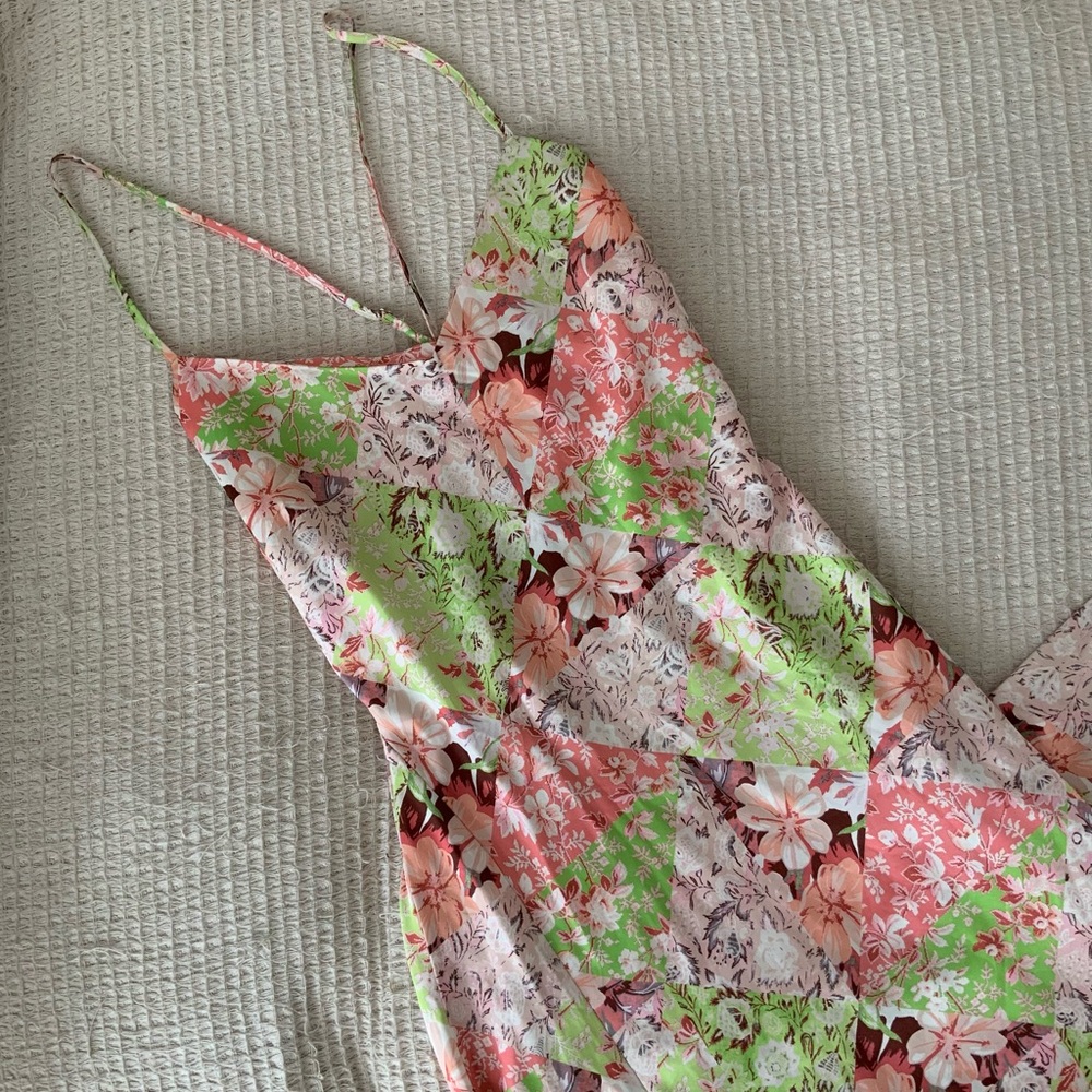 Vintage 90s Floral Patchwork Fairy Maxi Dress Green Pink Y2K Slip Dress Small